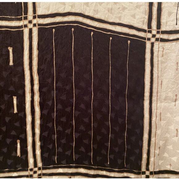 Vintage Large Silk Scarf Cream Black Gold Geometric Hand Rolled Edges 33” x 55" - Picture 7 of 9